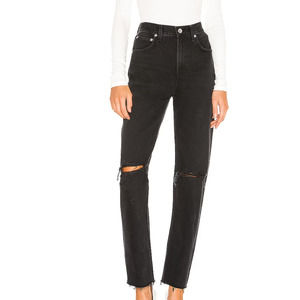 Agolde Cherie High Rise Straight Jeans Black 25x31 Busted Knee Rigid Raw Hem